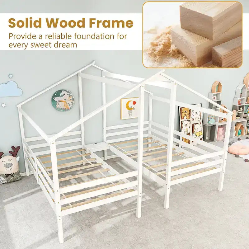 Gymax Double Twin Size Bed Frames for Kids with Built-in Table & USB