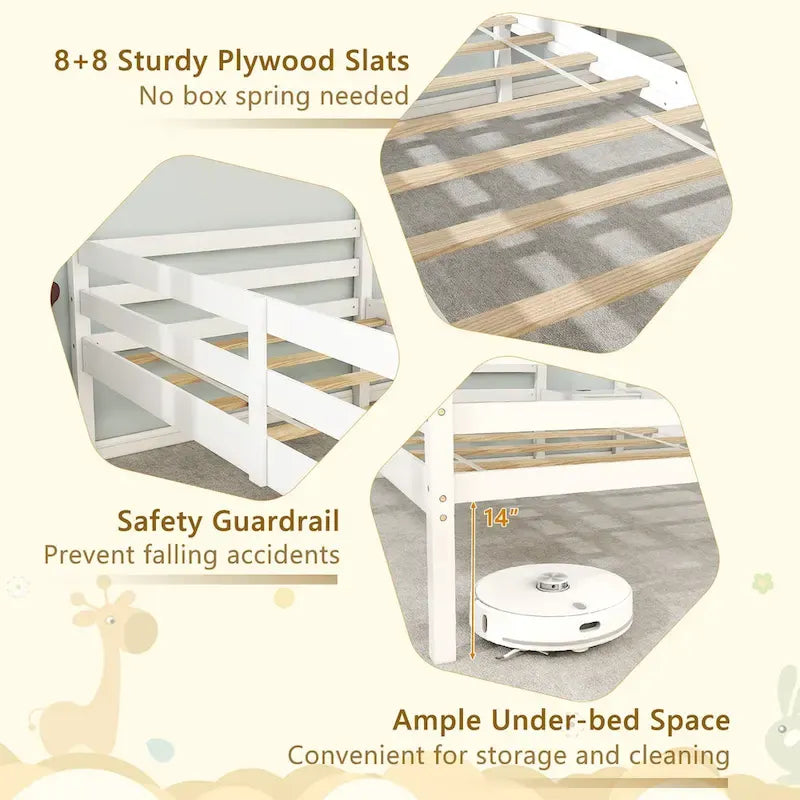 Gymax Double Twin Size Bed Frames for Kids with Built-in Table & USB