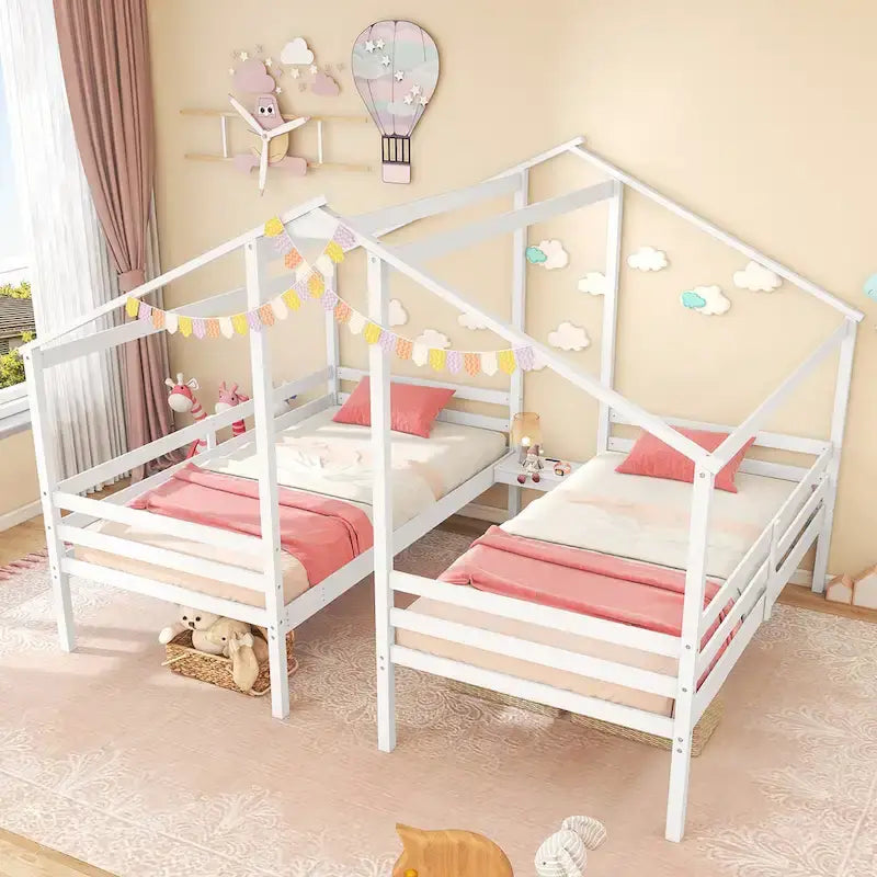 Gymax Double Twin Size Bed Frames for Kids with Built-in Table & USB