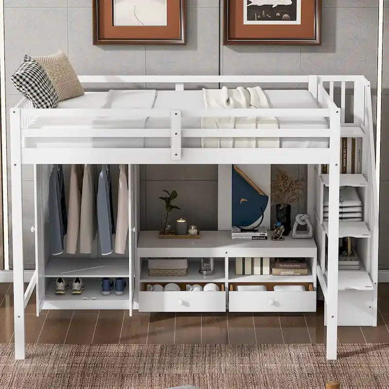 Solid Wood Full Size Loft Bed Frame,Multifunctional Loft Bed with Built-in Wardrobe,Storage Table and Storage Staircase