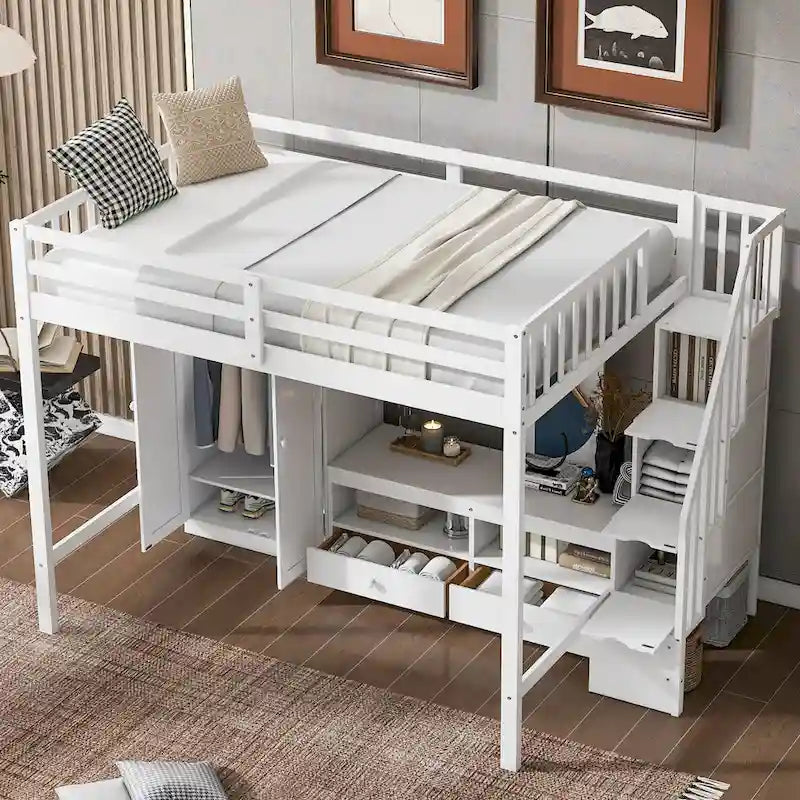 Solid Wood Full Size Loft Bed Frame,Multifunctional Loft Bed with Built-in Wardrobe,Storage Table and Storage Staircase