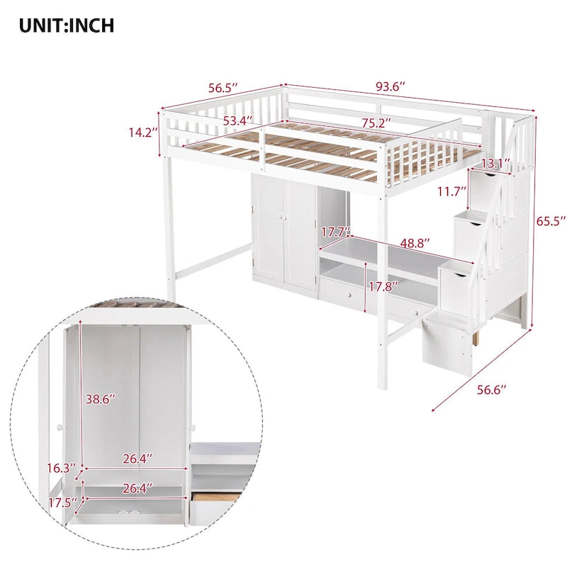 Solid Wood Full Size Loft Bed Frame,Multifunctional Loft Bed with Built-in Wardrobe,Storage Table and Storage Staircase