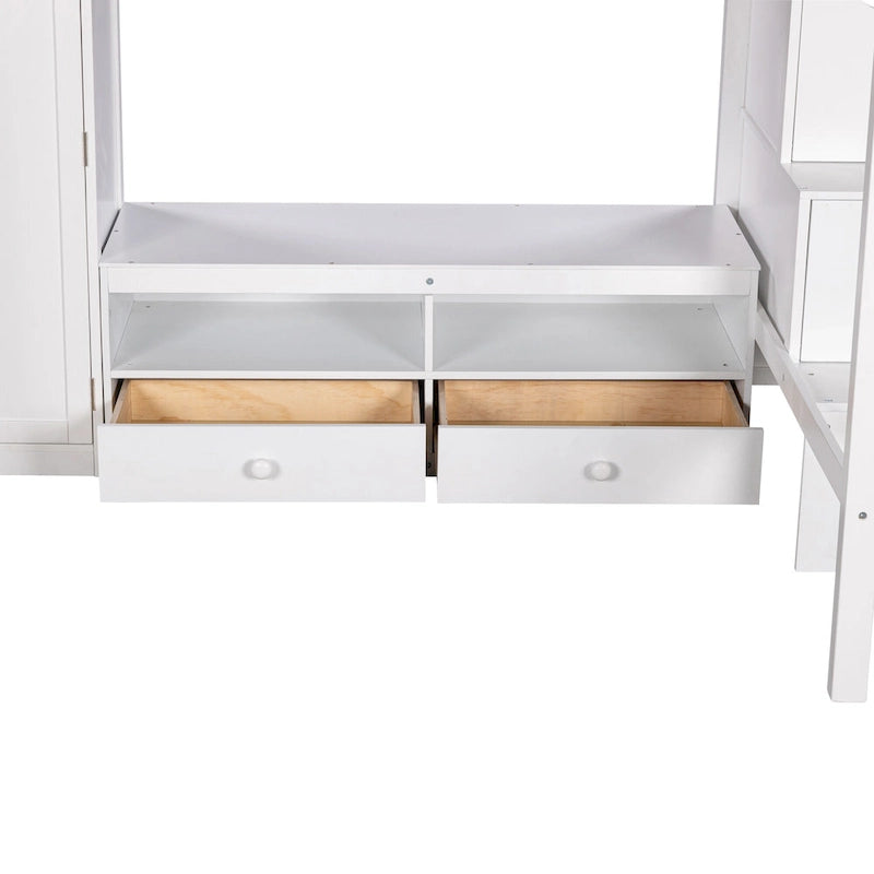 Solid Wood Full Size Loft Bed Frame,Multifunctional Loft Bed with Built-in Wardrobe,Storage Table and Storage Staircase