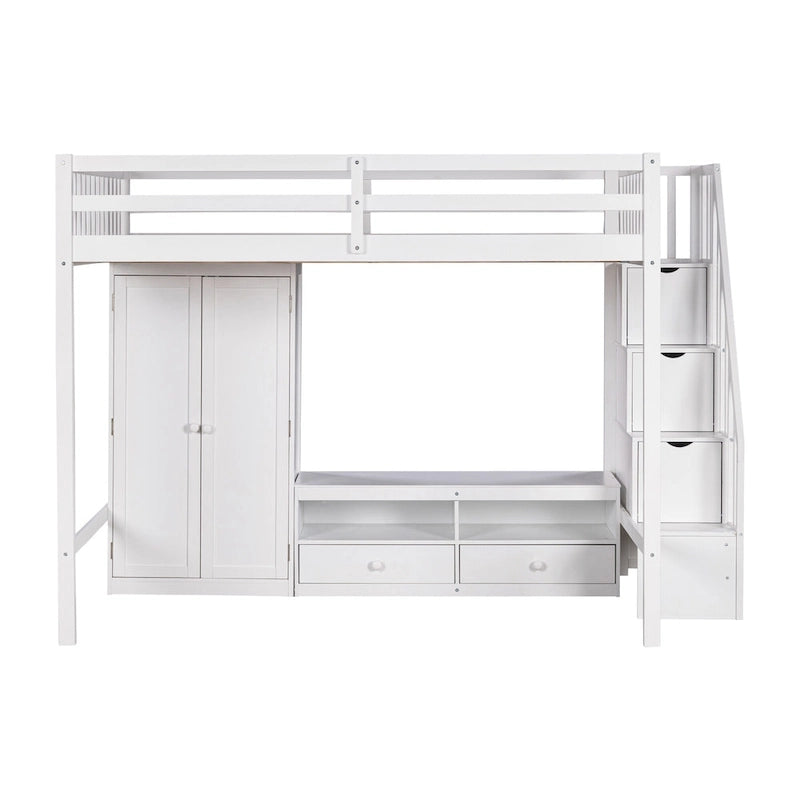 Solid Wood Full Size Loft Bed Frame,Multifunctional Loft Bed with Built-in Wardrobe,Storage Table and Storage Staircase