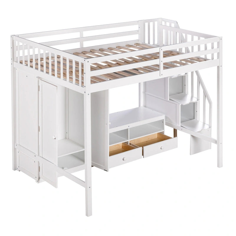 Solid Wood Full Size Loft Bed Frame,Multifunctional Loft Bed with Built-in Wardrobe,Storage Table and Storage Staircase