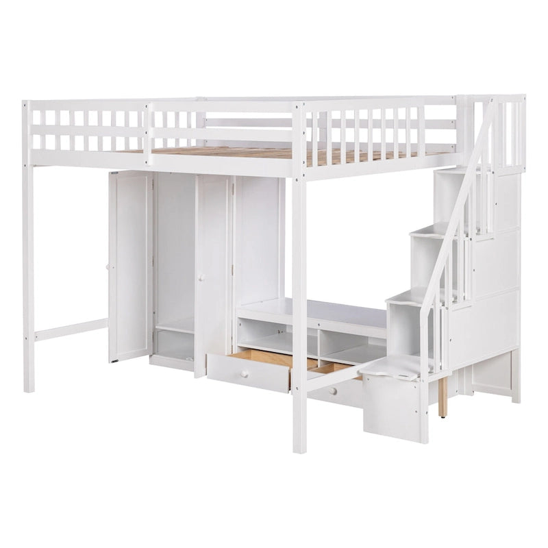 Solid Wood Full Size Loft Bed Frame,Multifunctional Loft Bed with Built-in Wardrobe,Storage Table and Storage Staircase