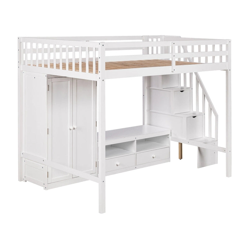 Solid Wood Full Size Loft Bed Frame,Multifunctional Loft Bed with Built-in Wardrobe,Storage Table and Storage Staircase