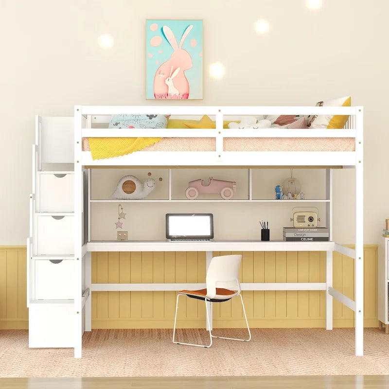 Full Size Storage Staircase Loft Bed with Desk and Storage Shelves