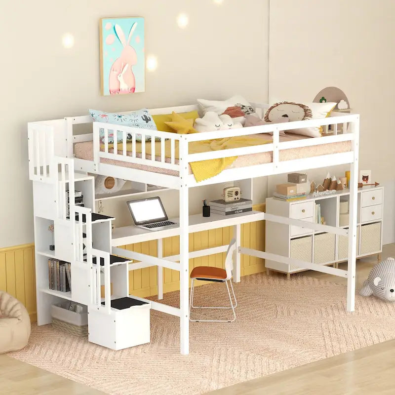 Full Size Storage Staircase Loft Bed with Desk and Storage Shelves