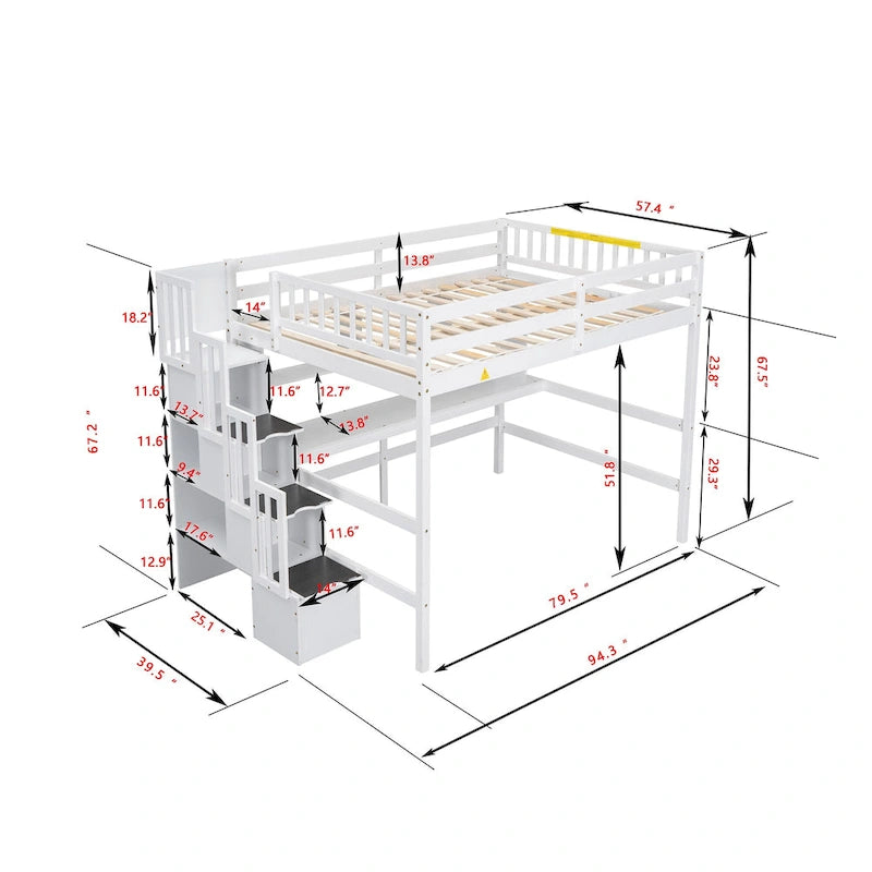 Full Size Storage Staircase Loft Bed with Desk and Storage Shelves