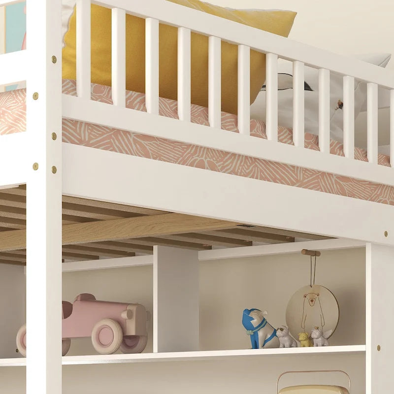 Full Size Storage Staircase Loft Bed with Desk and Storage Shelves
