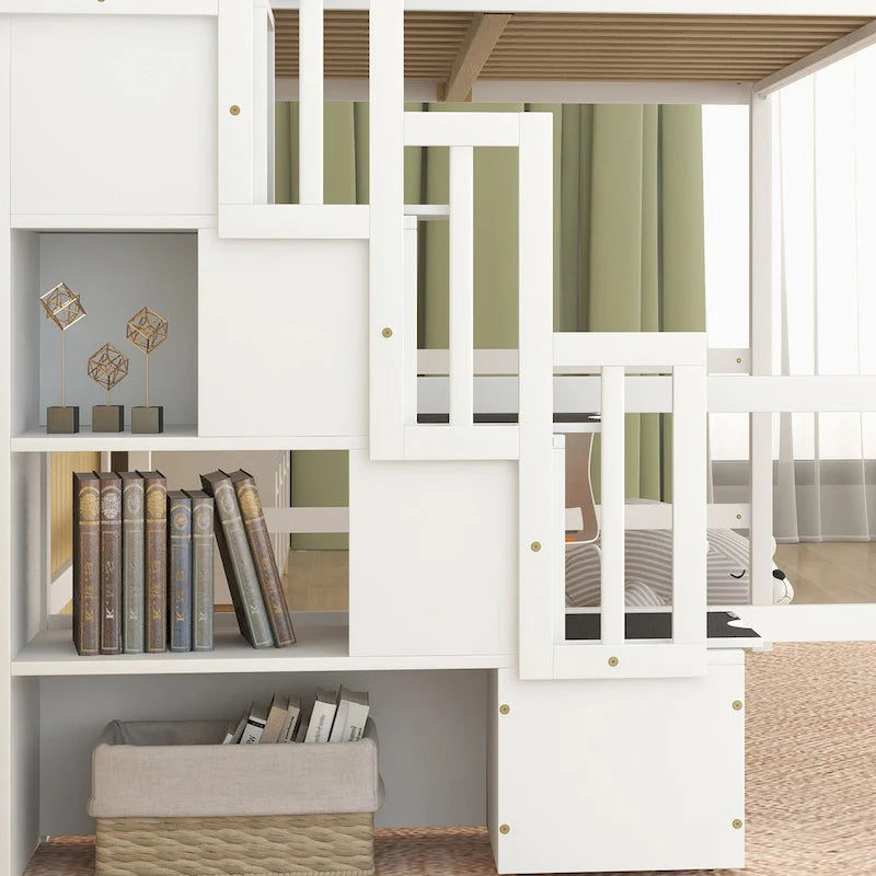 Full Size Storage Staircase Loft Bed with Desk and Storage Shelves