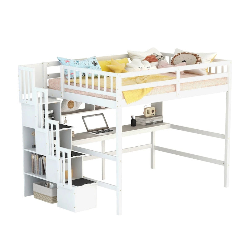 Full Size Storage Staircase Loft Bed with Desk and Storage Shelves