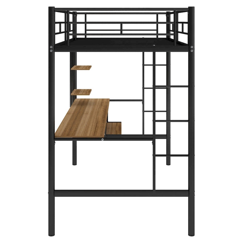 Stylish Loft Bed with Desk & Shelves, Space Saving Sturdy Metal Loft Bed Frame with Safety Guardrails & Ladders