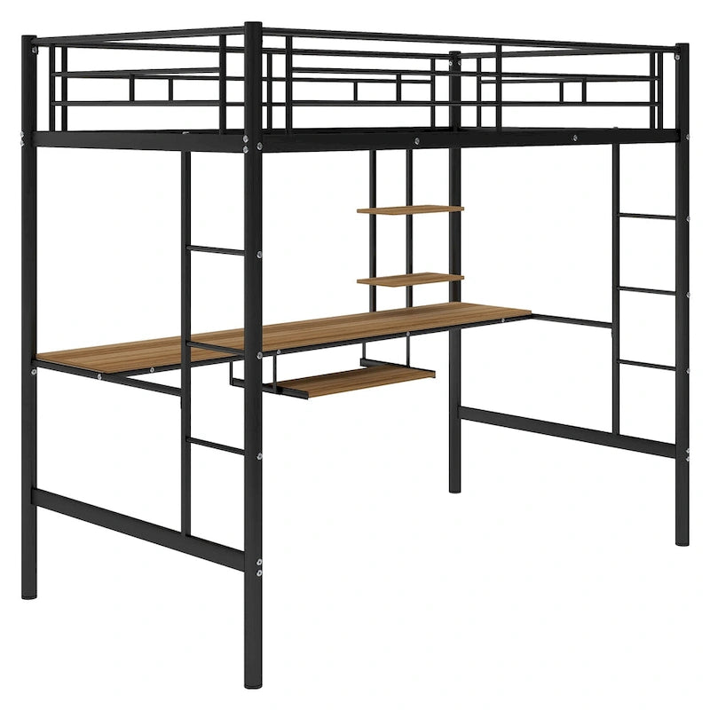 Stylish Loft Bed with Desk & Shelves, Space Saving Sturdy Metal Loft Bed Frame with Safety Guardrails & Ladders