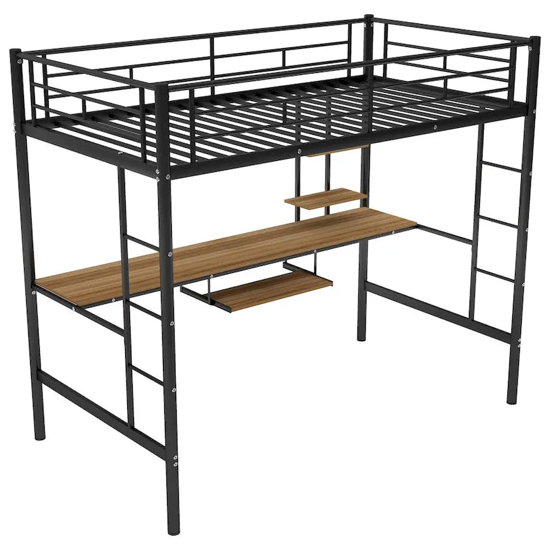Stylish Loft Bed with Desk & Shelves, Space Saving Sturdy Metal Loft Bed Frame with Safety Guardrails & Ladders