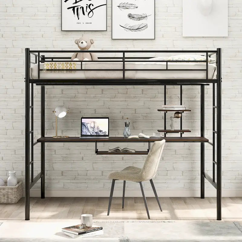 Stylish Loft Bed with Desk & Shelves, Space Saving Sturdy Metal Loft Bed Frame with Safety Guardrails & Ladders