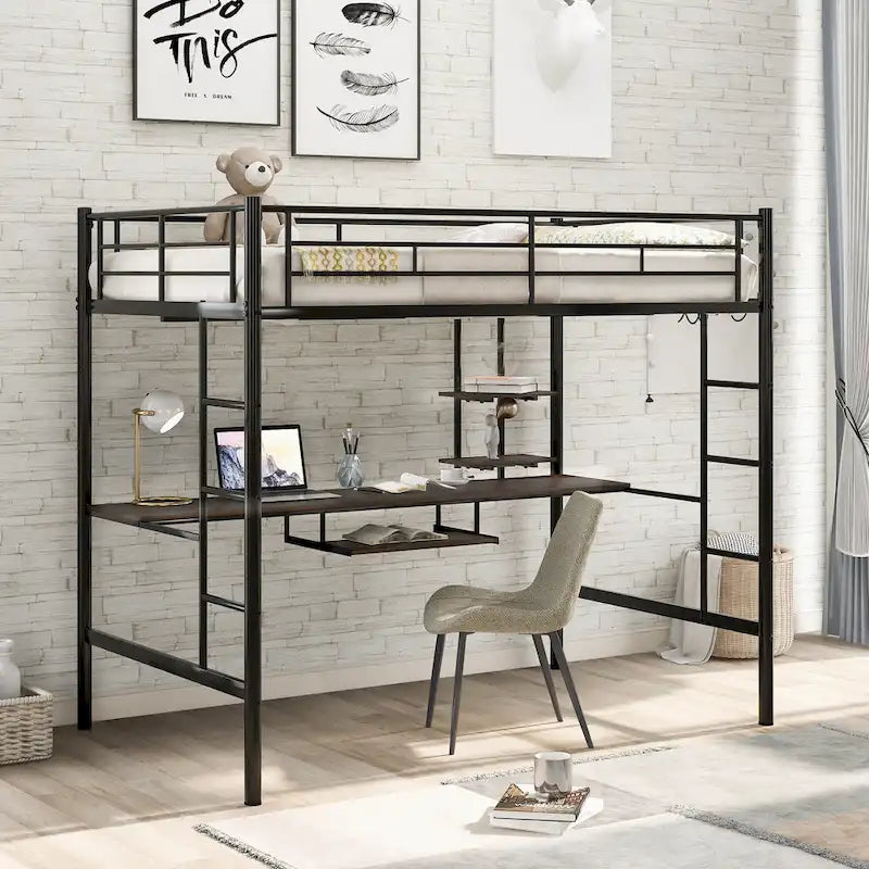 Stylish Loft Bed with Desk & Shelves, Space Saving Sturdy Metal Loft Bed Frame with Safety Guardrails & Ladders