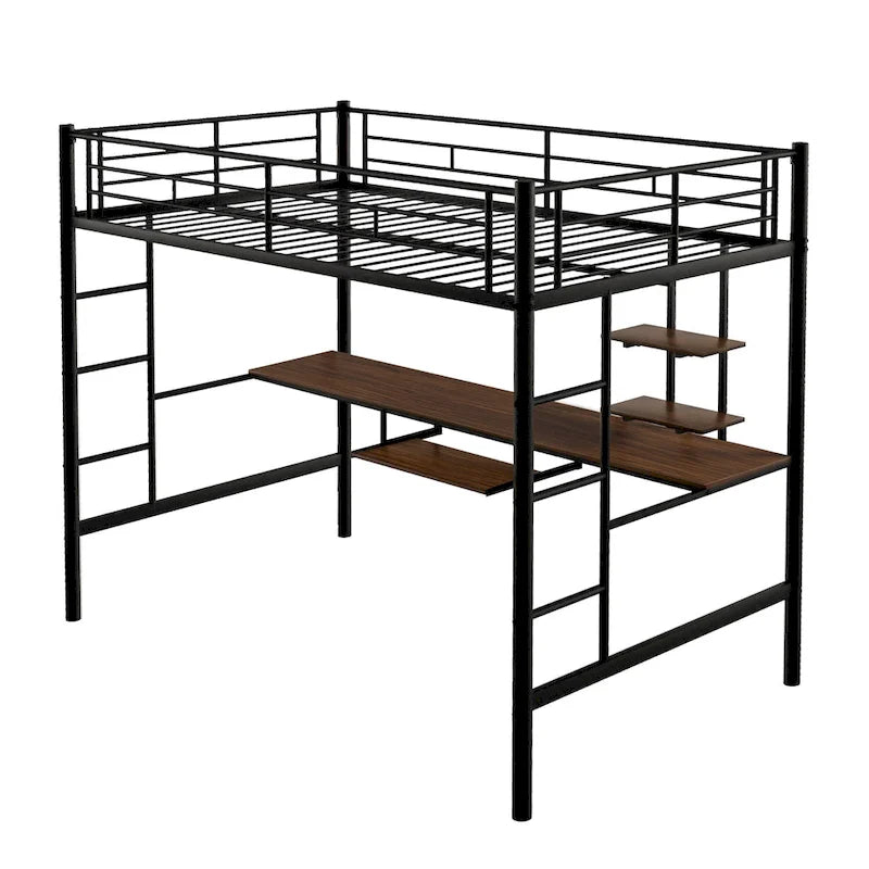 Stylish Loft Bed with Desk & Shelves, Space Saving Sturdy Metal Loft Bed Frame with Safety Guardrails & Ladders