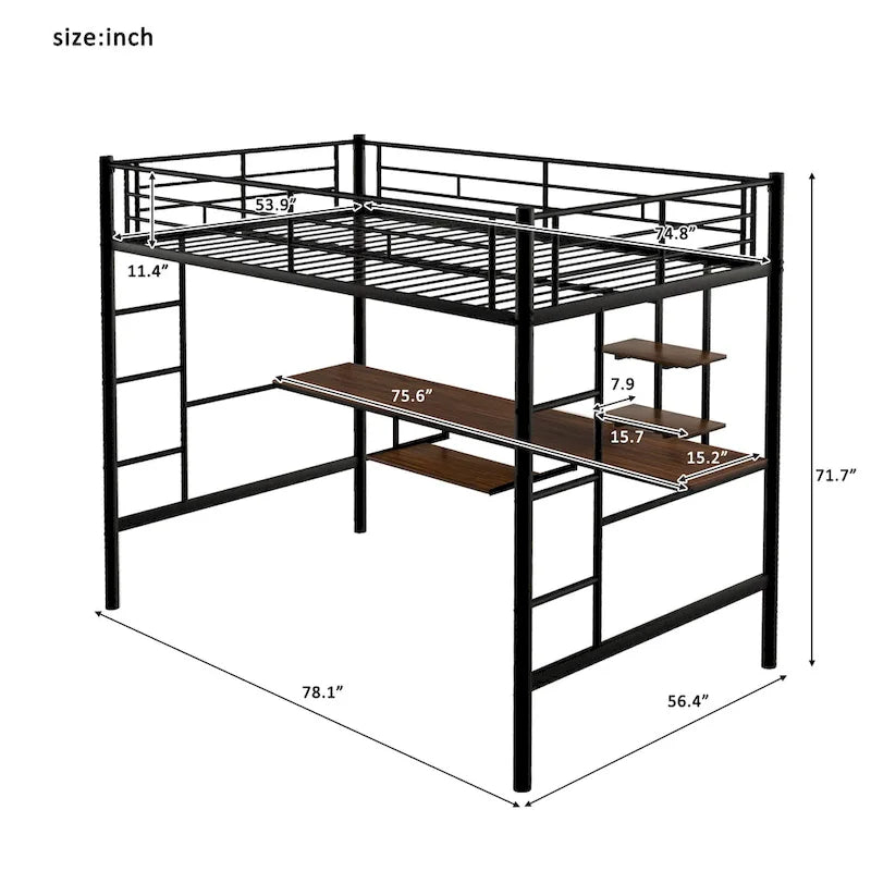 Stylish Loft Bed with Desk & Shelves, Space Saving Sturdy Metal Loft Bed Frame with Safety Guardrails & Ladders