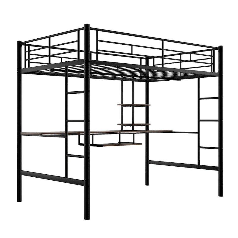 Stylish Loft Bed with Desk & Shelves, Space Saving Sturdy Metal Loft Bed Frame with Safety Guardrails & Ladders