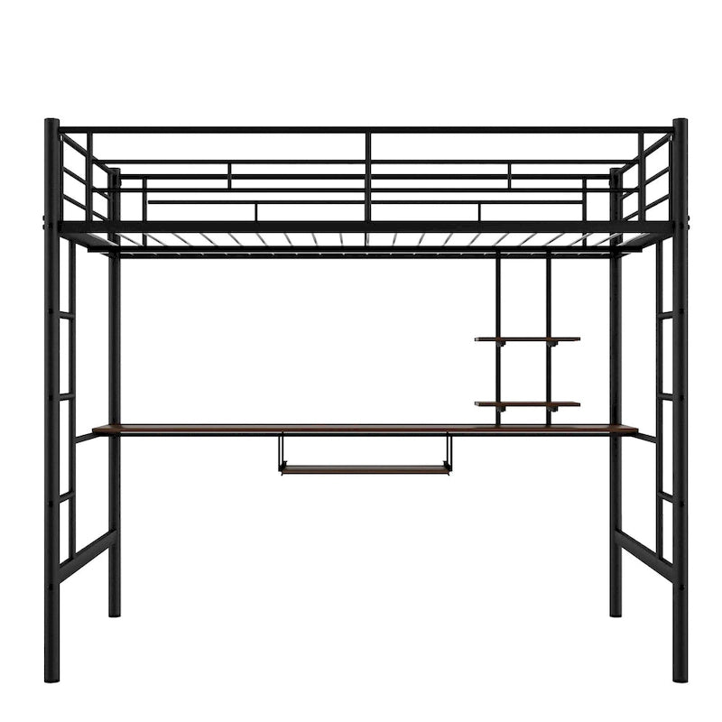 Stylish Loft Bed with Desk & Shelves, Space Saving Sturdy Metal Loft Bed Frame with Safety Guardrails & Ladders