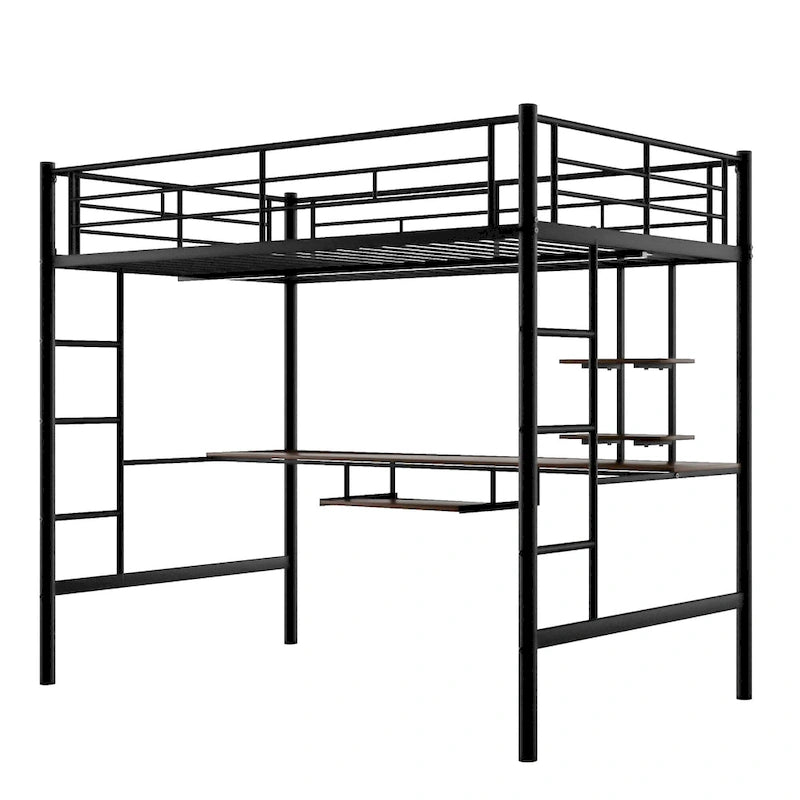Stylish Loft Bed with Desk & Shelves, Space Saving Sturdy Metal Loft Bed Frame with Safety Guardrails & Ladders