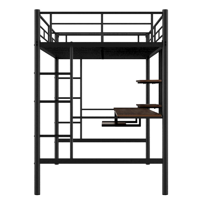 Stylish Loft Bed with Desk & Shelves, Space Saving Sturdy Metal Loft Bed Frame with Safety Guardrails & Ladders