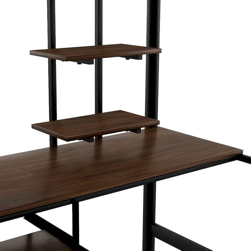 Stylish Loft Bed with Desk & Shelves, Space Saving Sturdy Metal Loft Bed Frame with Safety Guardrails & Ladders