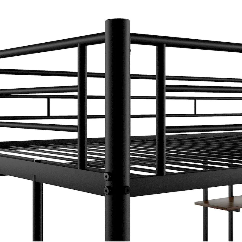 Stylish Loft Bed with Desk & Shelves, Space Saving Sturdy Metal Loft Bed Frame with Safety Guardrails & Ladders