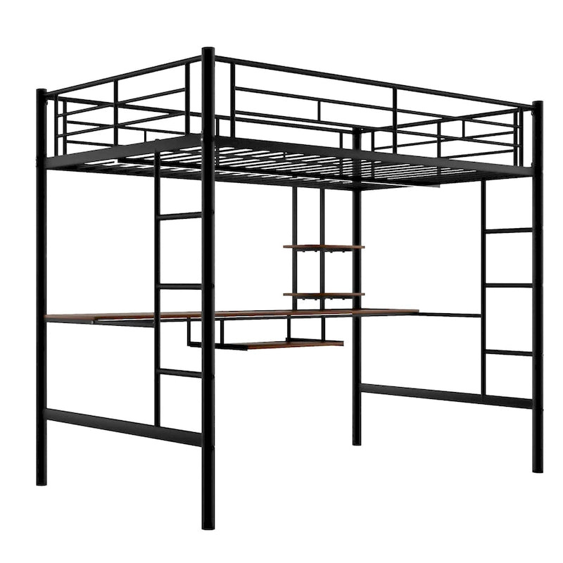 Stylish Loft Bed with Desk & Shelves, Space Saving Sturdy Metal Loft Bed Frame with Safety Guardrails & Ladders