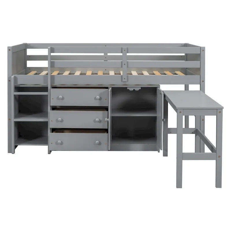 Twin Size Low Loft Bed with Pull Out Desk,Drawers,Cabinet and Shelves