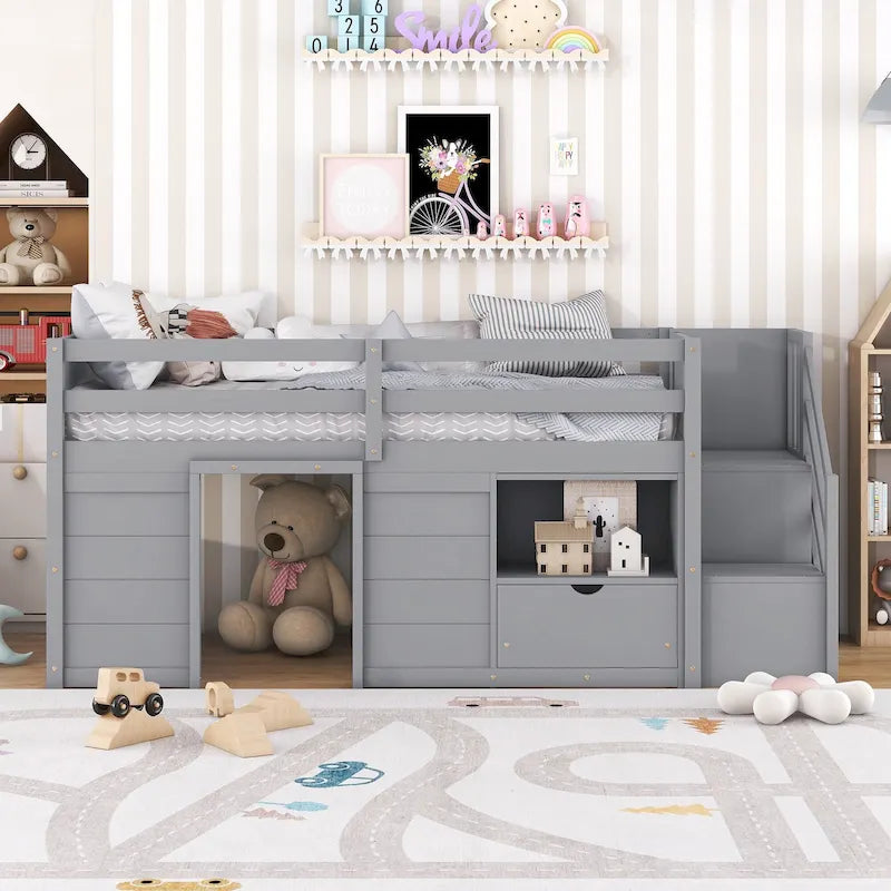 Twin Size Low Loft Bed with Drawer,Shelves and Under Bed Play Space