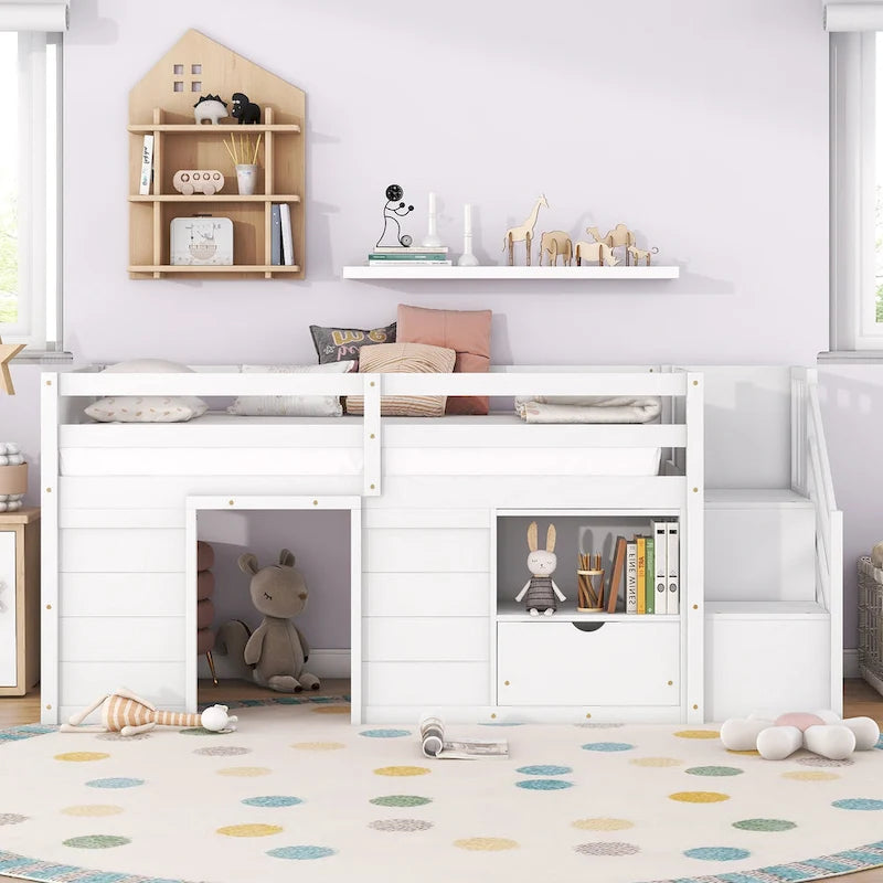 Twin Size Low Loft Bed with Drawer,Shelves and Under Bed Play Space