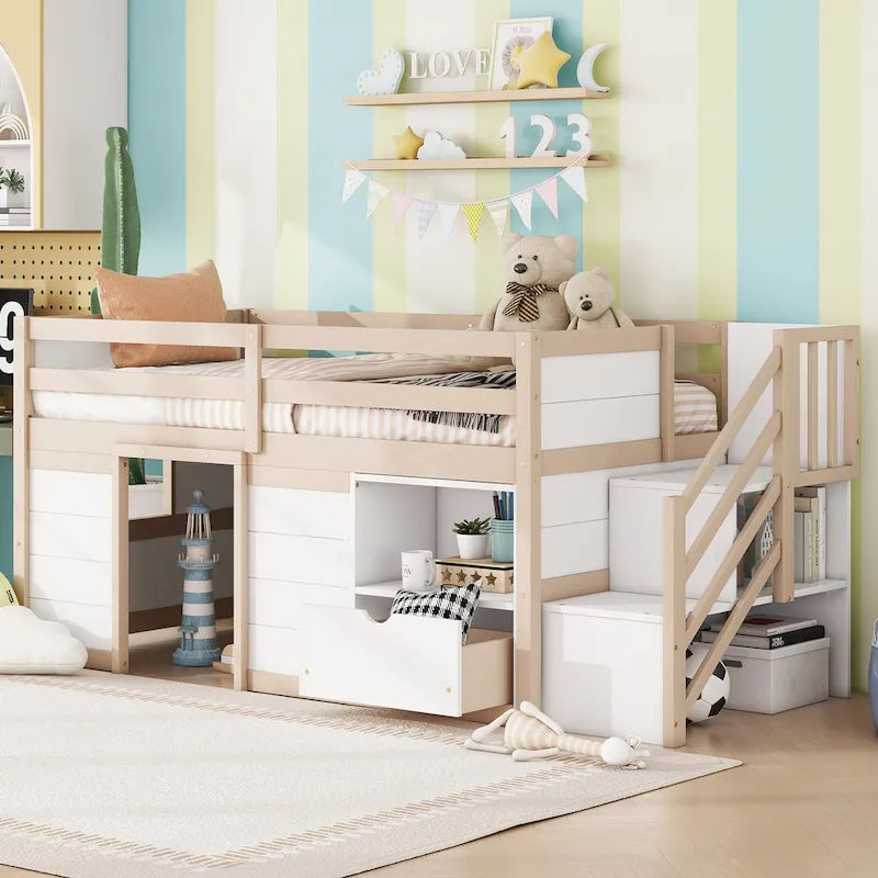 Twin Size Low Loft Bed with Drawer,Shelves and Under Bed Play Space