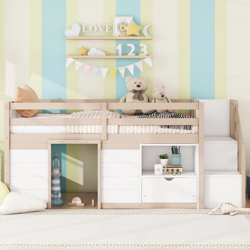 Twin Size Low Loft Bed with Drawer,Shelves and Under Bed Play Space