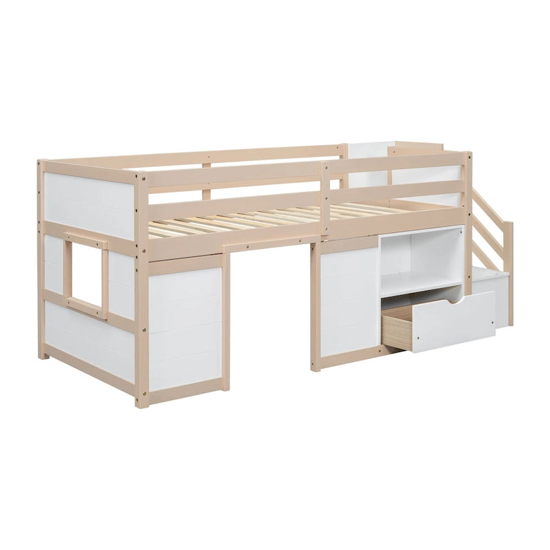 Twin Size Low Loft Bed with Drawer,Shelves and Under Bed Play Space