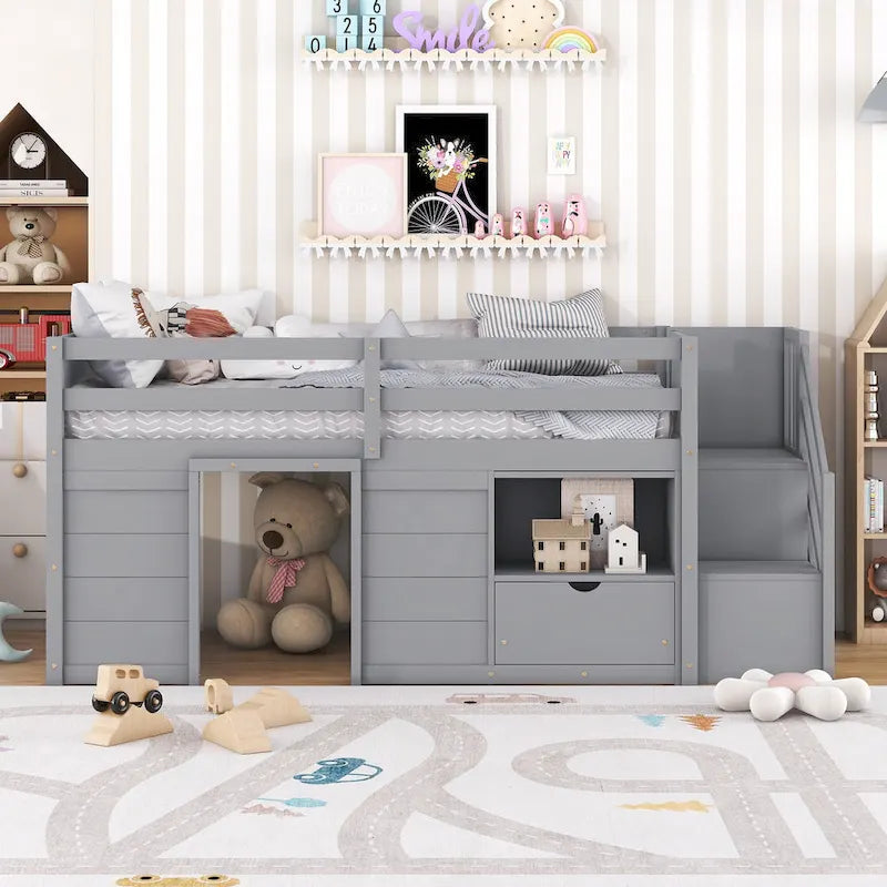 Twin Size Low Loft Bed with Drawer,Shelves and Under Bed Play Space