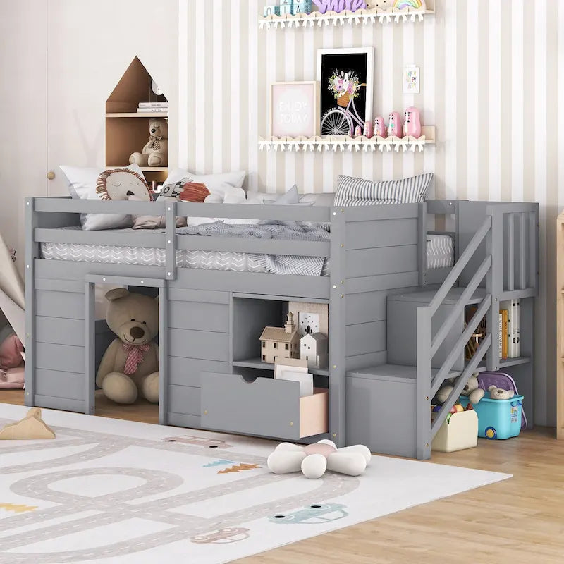 Twin Size Low Loft Bed with Drawer,Shelves and Under Bed Play Space