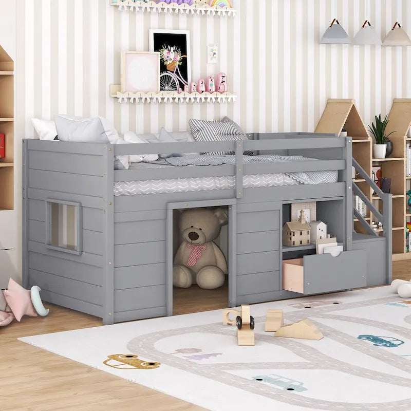 Twin Size Low Loft Bed with Drawer,Shelves and Under Bed Play Space