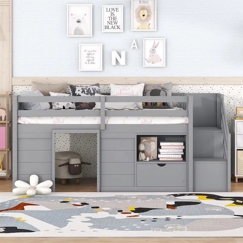 Twin Size Low Loft Bed with Drawer,Shelves and Under Bed Play Space