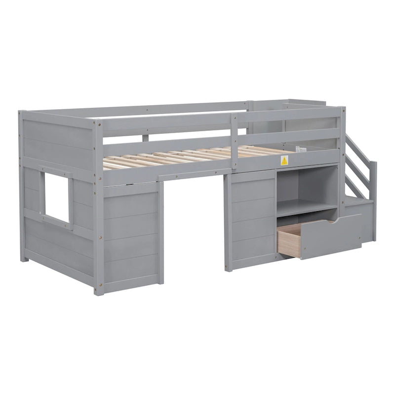 Twin Size Low Loft Bed with Drawer,Shelves and Under Bed Play Space