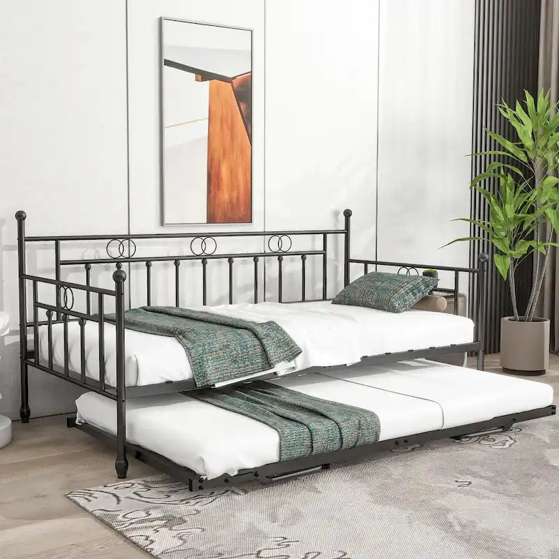 Twin Metal Daybed with Pop Up Trundle for Adults,No Box Spring Needed