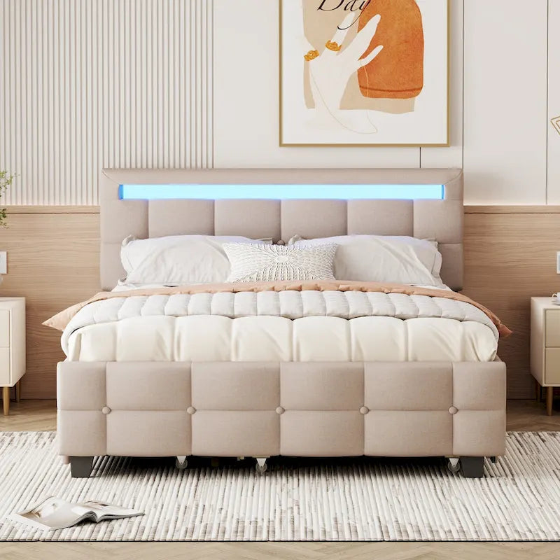 Remote Control LED Headboard Bed Frame Linen Fabric Upholstered Platform Bed with Pull-out Trundle Bed & 2 Drawers