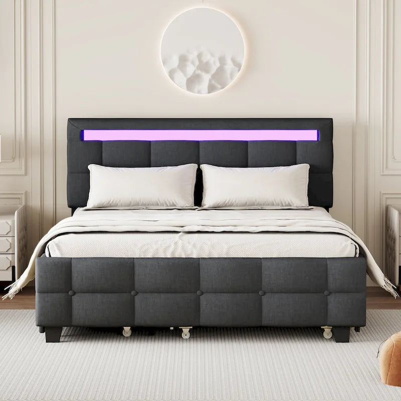 Remote Control LED Headboard Bed Frame Linen Fabric Upholstered Platform Bed with Pull-out Trundle Bed & 2 Drawers