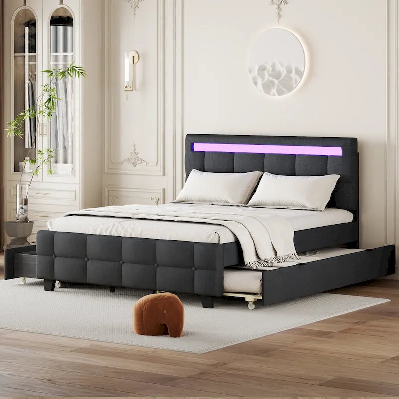Remote Control LED Headboard Bed Frame Linen Fabric Upholstered Platform Bed with Pull-out Trundle Bed & 2 Drawers
