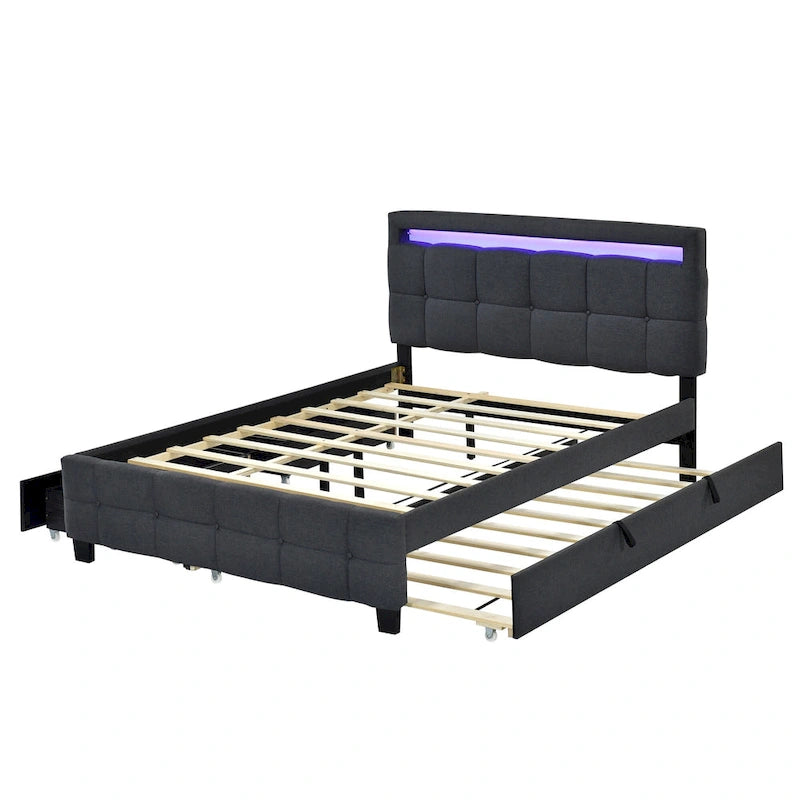 Remote Control LED Headboard Bed Frame Linen Fabric Upholstered Platform Bed with Pull-out Trundle Bed & 2 Drawers