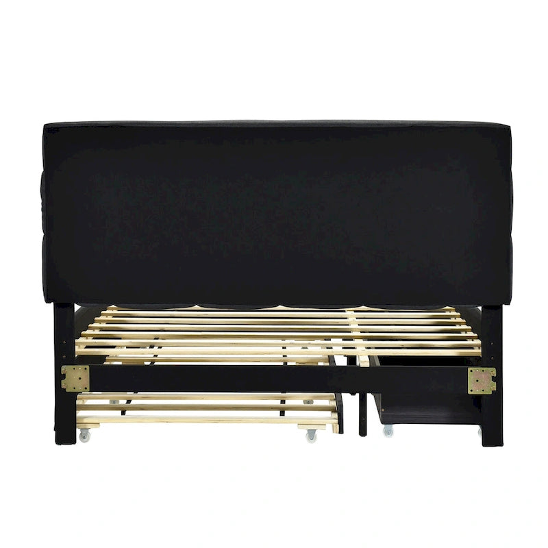 Remote Control LED Headboard Bed Frame Linen Fabric Upholstered Platform Bed with Pull-out Trundle Bed & 2 Drawers