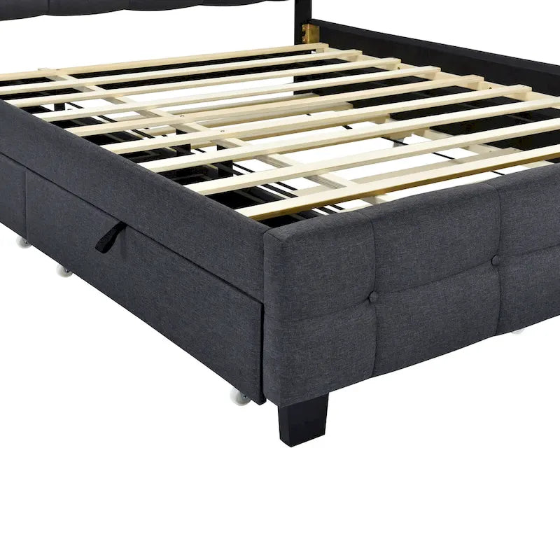 Remote Control LED Headboard Bed Frame Linen Fabric Upholstered Platform Bed with Pull-out Trundle Bed & 2 Drawers