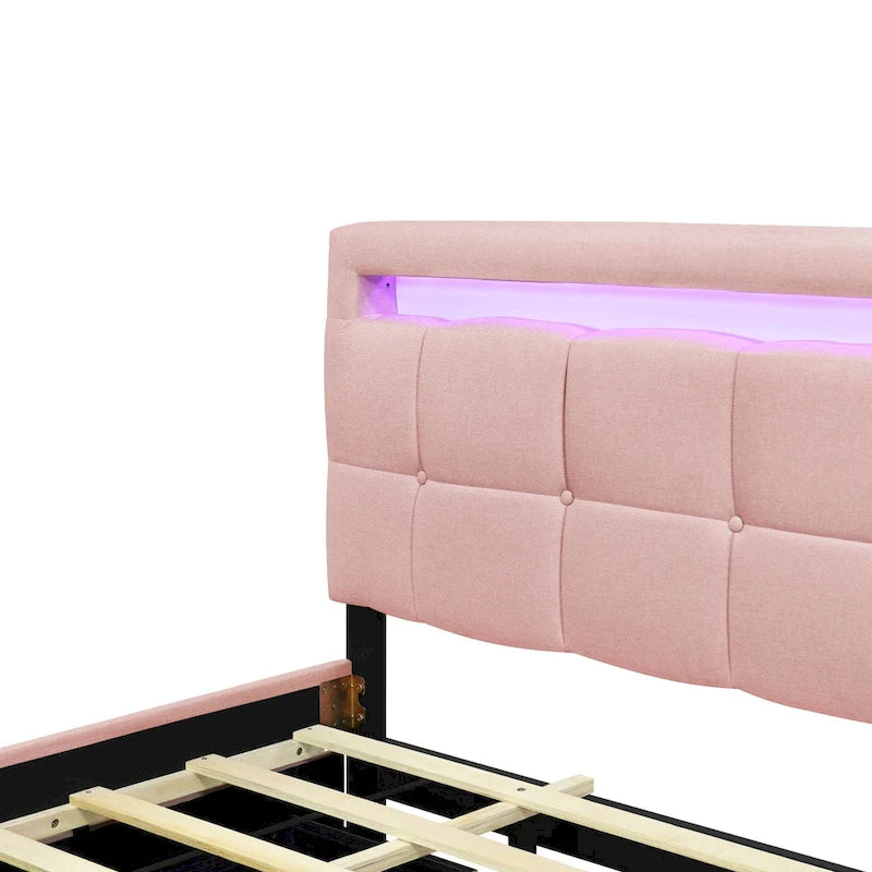 Remote Control LED Headboard Bed Frame Linen Fabric Upholstered Platform Bed with Pull-out Trundle Bed & 2 Drawers